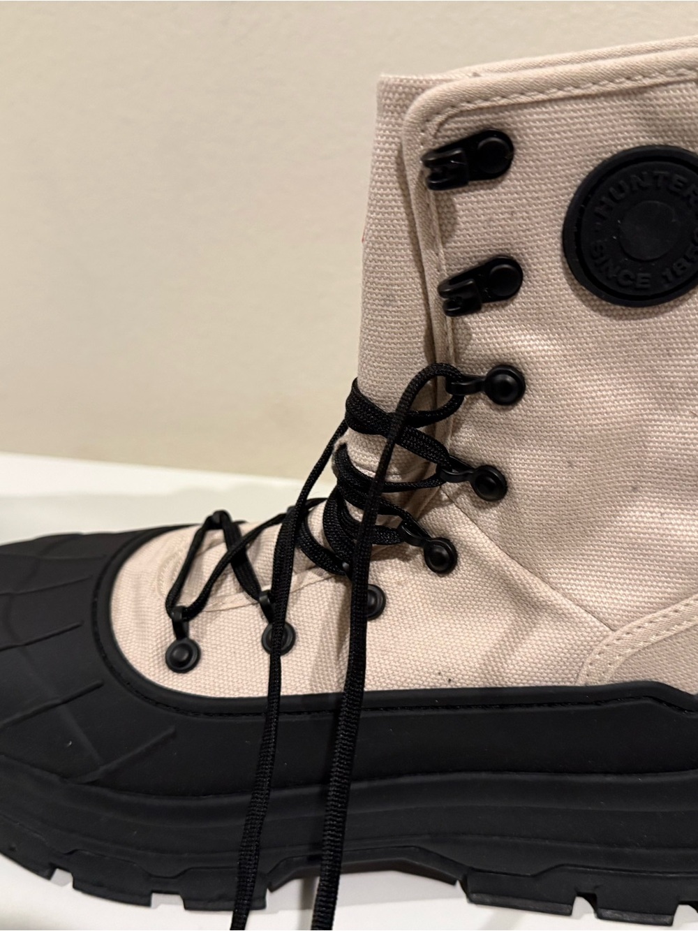 Hunter Cream Canvas and Black Rubber Lace-Up Boots - Picture 3 of 7